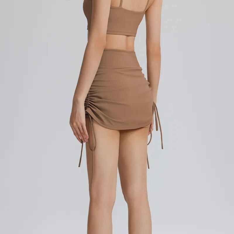 Mini-jupe noire à taille haute froncée avec cordon de serrage pour femme, moulante, décontractée