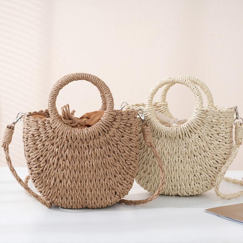 New paper rope fashionable versatile portable crossbody small round bucket hand-woven shoulder women's bag woven bag
