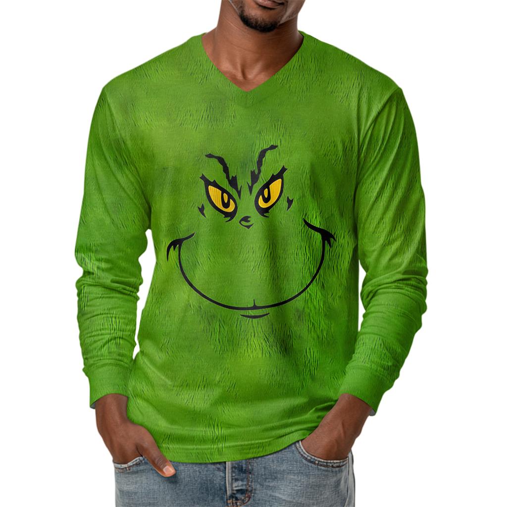 Men's Fashion Printed V-Neck Casual Long-Sleeved T-Shirt Bottoming Shirt Top