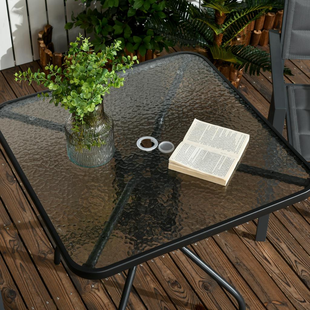 Square Garden Dining Table with Tempered Glass Top & Umbrella Hole, 76 X 76 Cm
