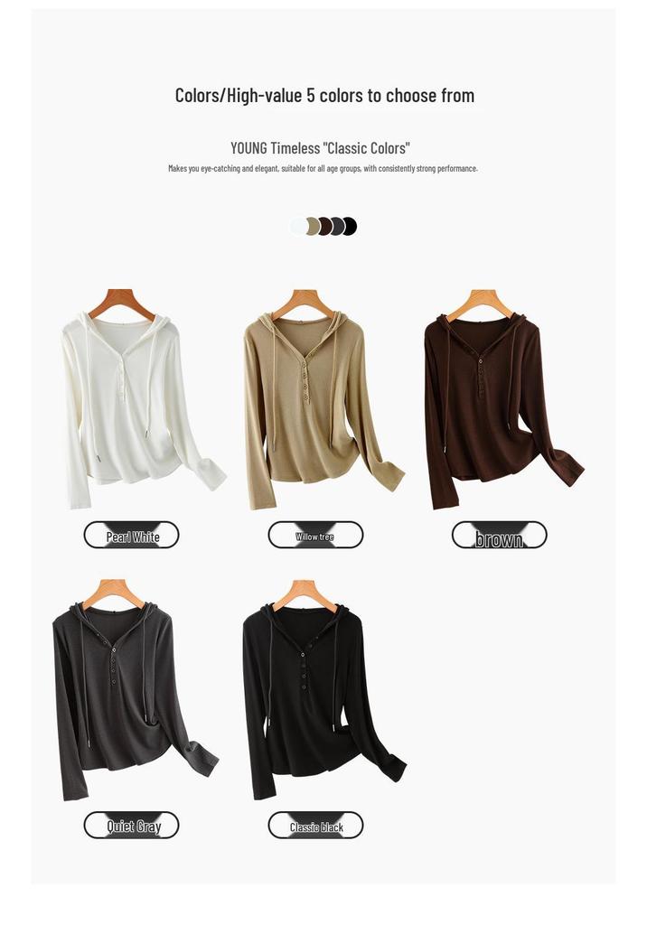 Women's V-Neck Button-Down Hooded Sweatshirt Base Layer - Slim Fit Long Sleeve for Spring & Autumn