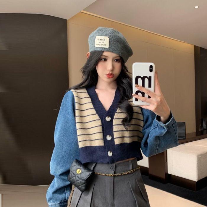 Módní džínový pletený krátký svetr cardigan kabát podzim 2022 tenký svetr s výstřihem do V s dlouhým rukávem pletený top svetr ženy