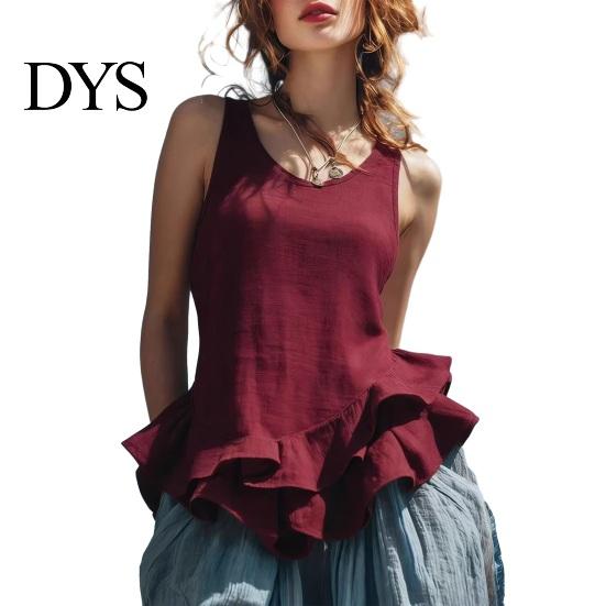 Relaxed Fit Women Blouse Tops Solid Color Loose Breathable Casual Soft Fabric Shirt O-Neck Sleeveless Ruffle Splicing Hem Summer Vest Daily