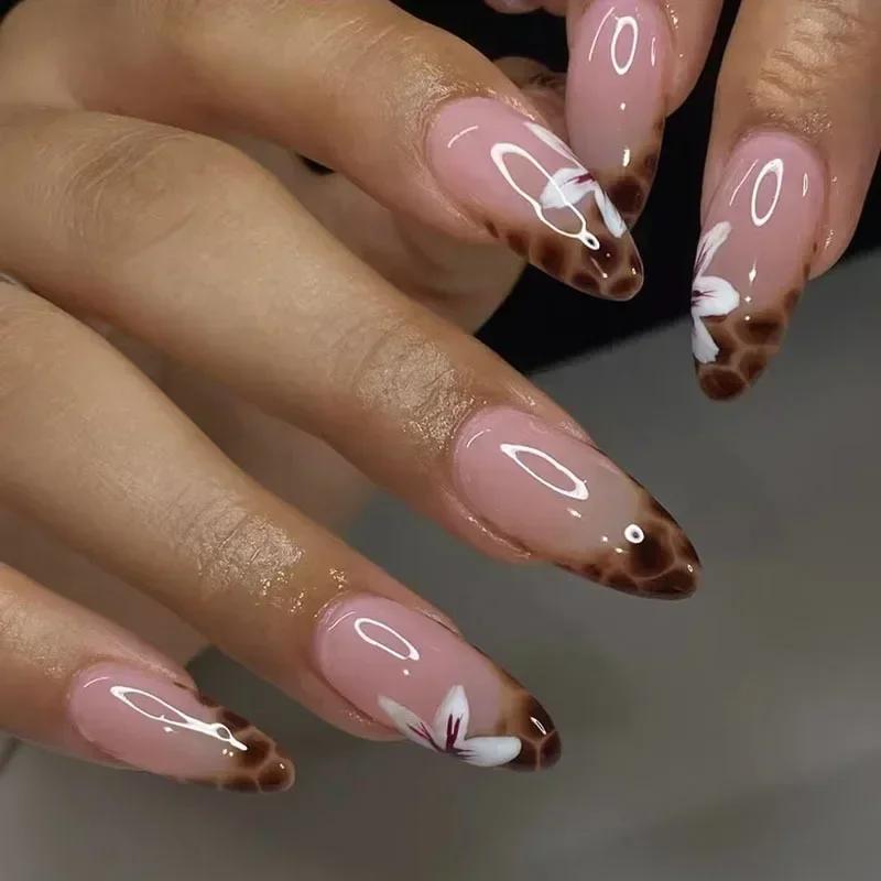 24 Stück Mandel-Press-On-Nägel mit Leopardenmuster und Mini-Blumen-French-Tips, Retro Süß Cool Acryl-Fingernägel