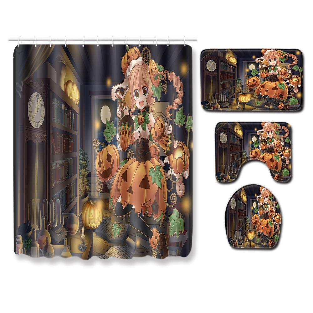 Halloween Shower Curtain Floor Mat Combination Four-Piece Set Bathroom Toilet Carpet Shower Room Mat Foot Mat