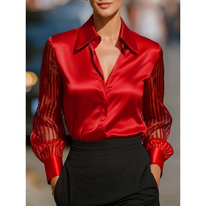 

2025 Autumn Solid Color Satin Long Sleeve Shirt L красный