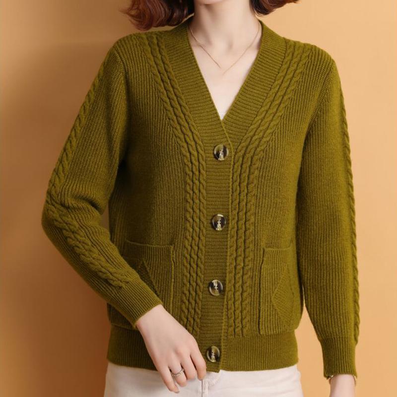 Cardigan Tricotado Decote V Outono Inverno Mulher Simples Manga Longa Torcido Camisolas Mulher Combinação Total Cardigans Abotoamento Simples Senhoras