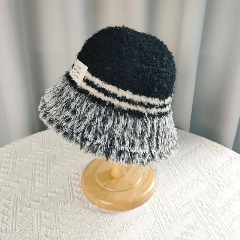 Autumn and winter plush warm windproof hat women's splicing knitted bucket basin hat shows small face versatile bucket hat