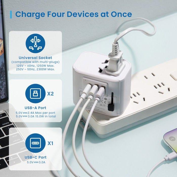 Adaptateur de voyage universel - ewent - ew1475 - 2 ports usb-a - 1 port usb-c - blanc
