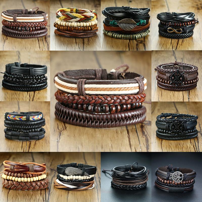Vnox Mix 4Pcs/ Set Braided Wrap Leather Bracelets for Men Women Vintage Wooden Beads Ethnic Tribal Wristbands Bracelet Rudder