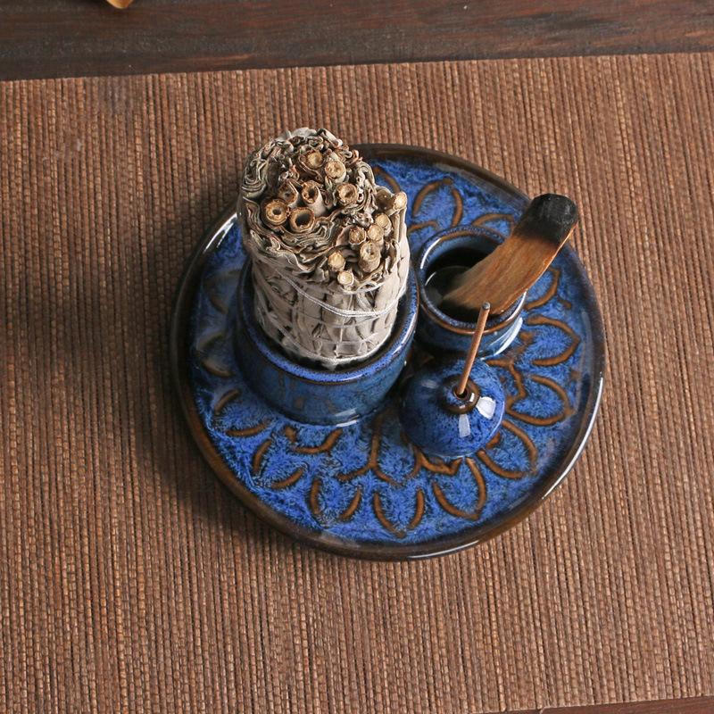 Palo Santo Holder Ceramic Incense Burner Tray Navy Blue Home Decoration for Sage Incense Sticks