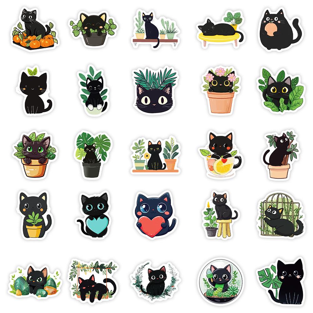 10/30/50pcs Cute Cartoon Plant Black Cat Series Stickers Waterproof Skateboard Laptop Notebook Phone Decoration DIY Sticker Pack