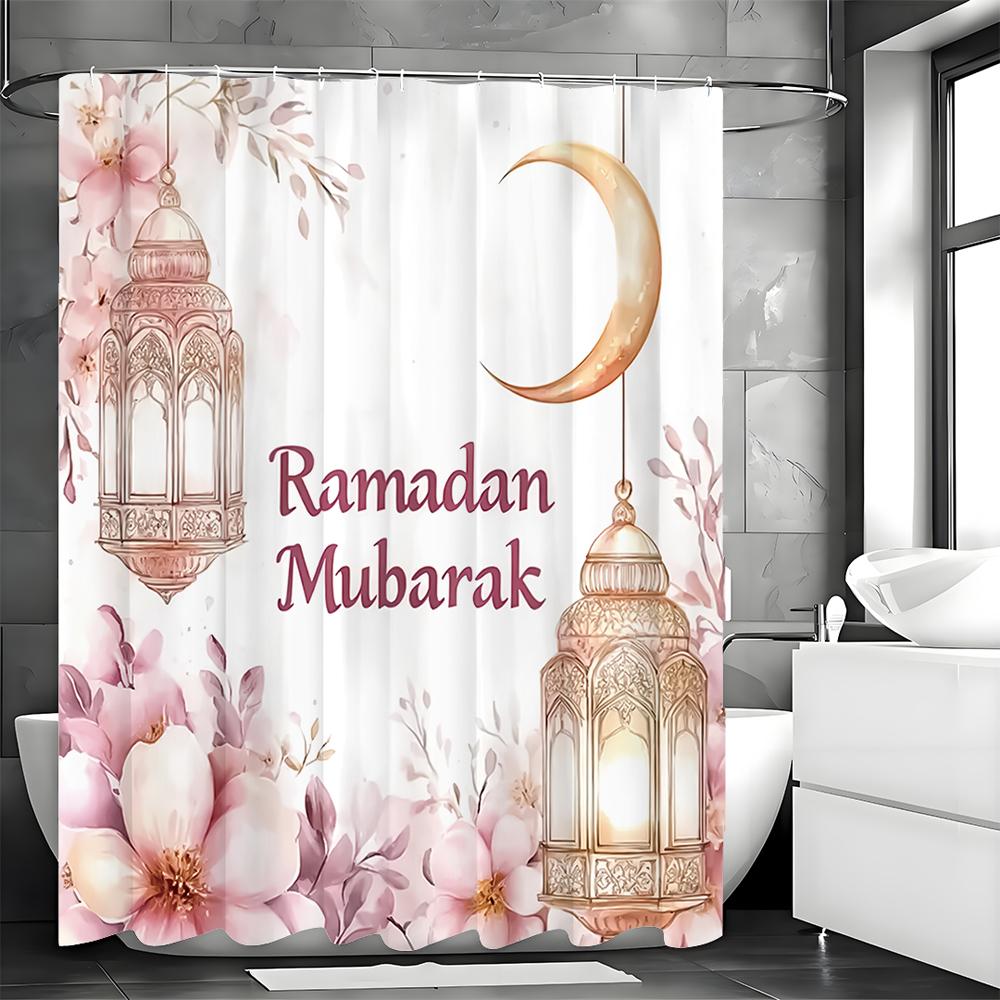 Pink Floral Bird Moon Shower Curtain, Bathroom Decorative Shower Curtain, Waterproof Shower Curtain with Hooks