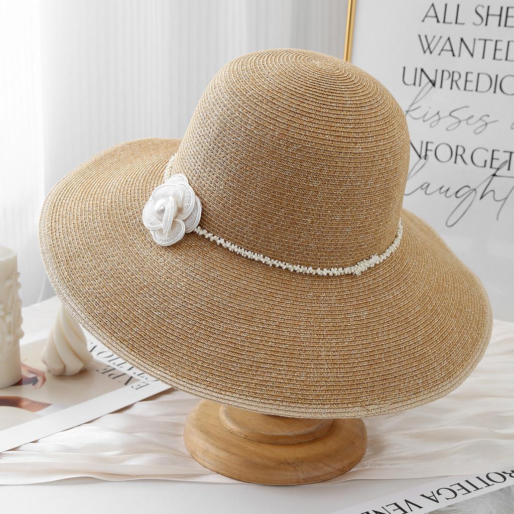 New French Elegant Flower Pearl Bucket Hat Women's Summer Fashion Show Face Small Shade Straw Hat Temperament Sun Hat