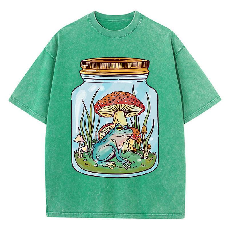 Cute Frog With Mushrooms In Mason Jar Print Women Washed T Shirts Summer Cotton T-Shirt Loose Streetwear Soft Clothes