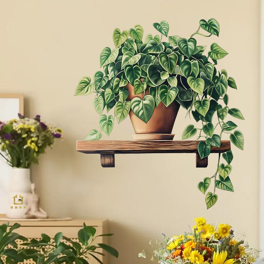 Künstliche Efeutute Grüne Pflanze Blume Topfpflanze Wandaufkleber, Selbstklebend Frische Heimdekor Aufkleber für Wohnzimmer Schlafzimmer Dekoration