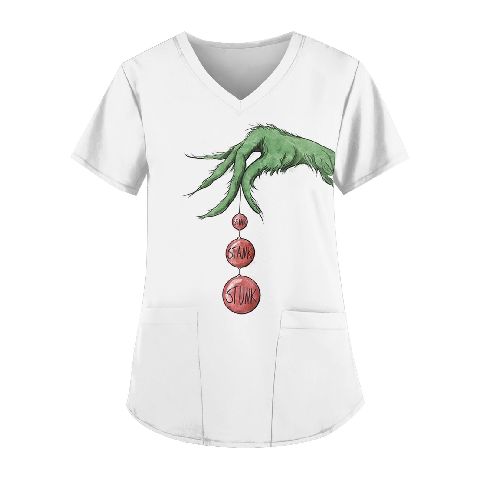 

Плюс Размер Печатный Рабочий Униформа Топы Для Женщин Крест V-образный вырез Печати Короткий Рукав Забавные Футболки Рабочая Одежда Футболка С Карманами M зелёный