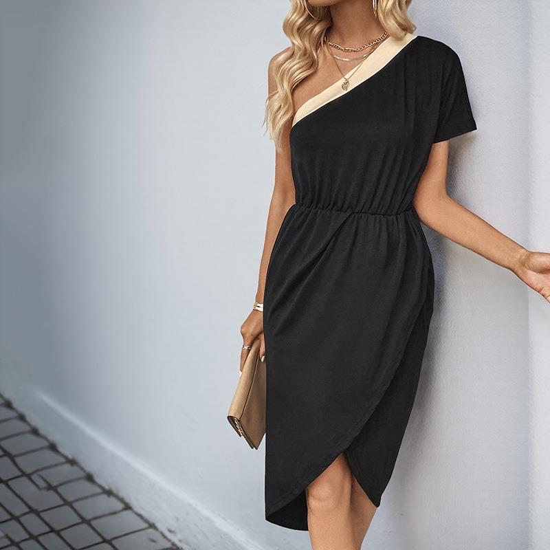 New irregular skirt simple waist color matching slanted shoulder dress