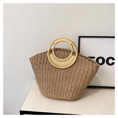Handmade Straw Hoop Bamboo Handle Summer Travel Vacation Seaside Beach Semi-circular Paper Rope Woven Bag
