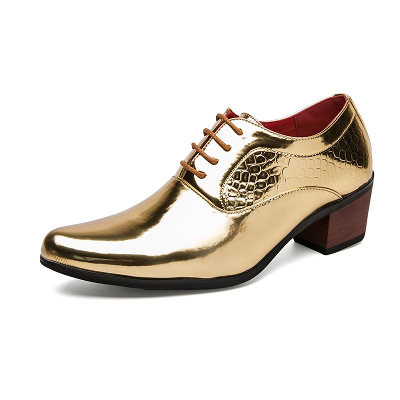 Luxury Gold Pointed Dress Shoes Men High Heels Fashion Glitter Wedding Party Shoes Men Italian Oxfords Formal Leather Shoes Man