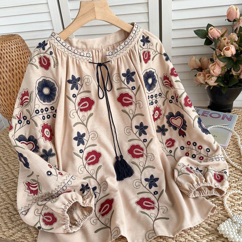 

Sweet Retro Lantern Sleeve Loose Shirt Women s Exquisite Flowers Embroider Tops Travel and Vacation Wear Long Sleeves Shirt Apricot color One size
