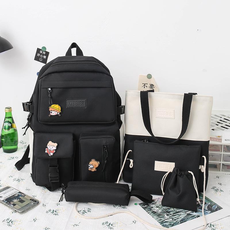 School Bag Women's Canvas College Student Backpack Five-piece Set Casual Large Capacity Junior High School High School Student Backpack Fashion