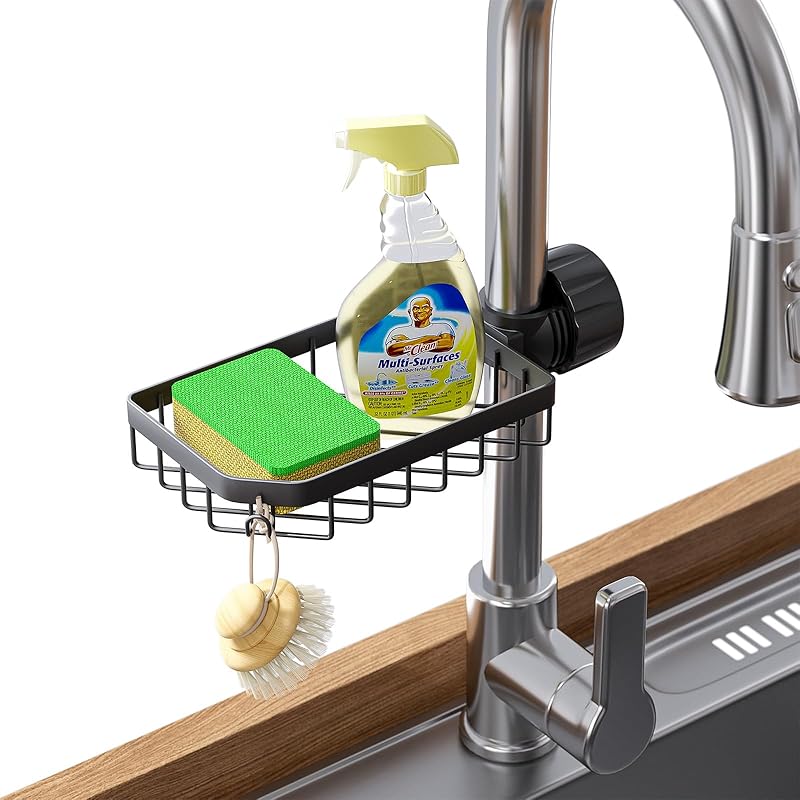LONIN Sponge Holder Over Faucet Kitchen Sink Caddy Organizer, Stainless Steel Detachable Hanging Faucet Drain Rack for Bathroom, Scrubbers, Soap