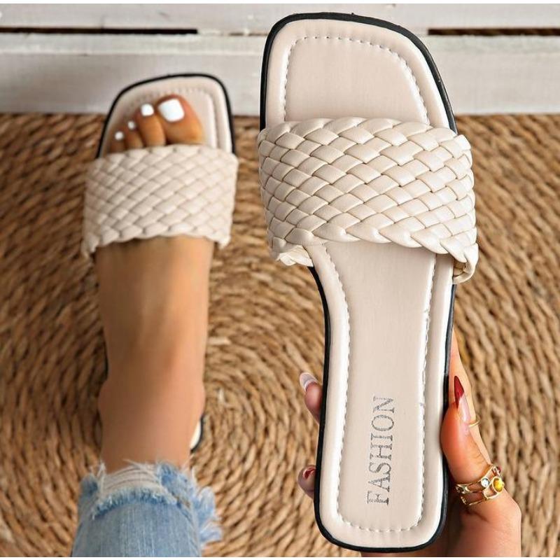 Fashion New Women's Slippers Summer Selling Sexy Braided Red Square Toe Flat Flip-Flops Fashion Beach Mules Casual Indoor Home Slippers