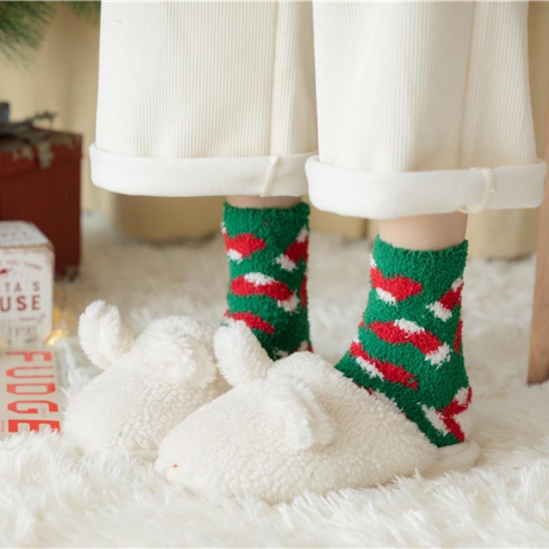 Kawaii Christmas Socks Autumn Winter Thicken Warm Mid-tube Plush Women Socks Coral Fleece Cartoon Homewear Floor Sleeping Socks
