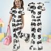 Girls Red Printed Round Neck Short Sleeve Top And Flared Pants Two Piece Set
