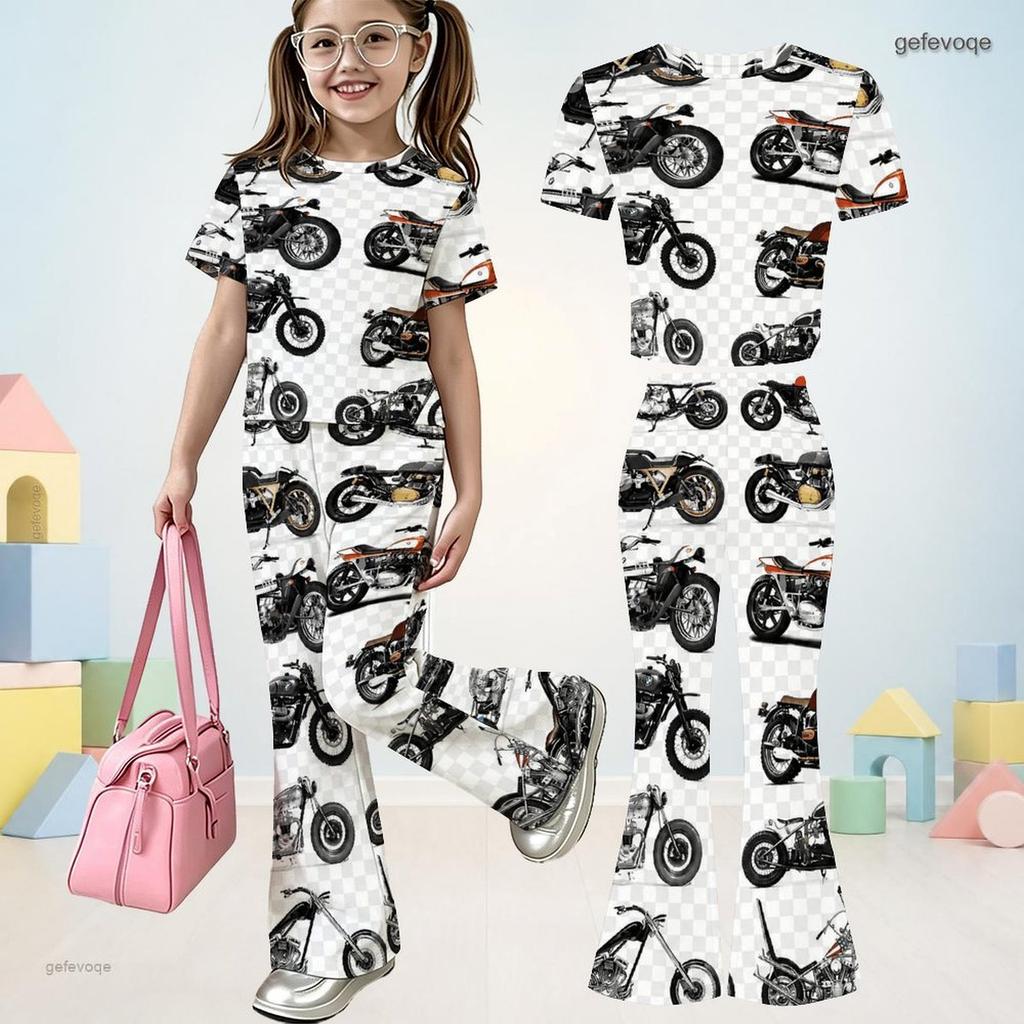 Girls Red Printed Round Neck Short Sleeve Top And Flared Pants Two Piece Set
