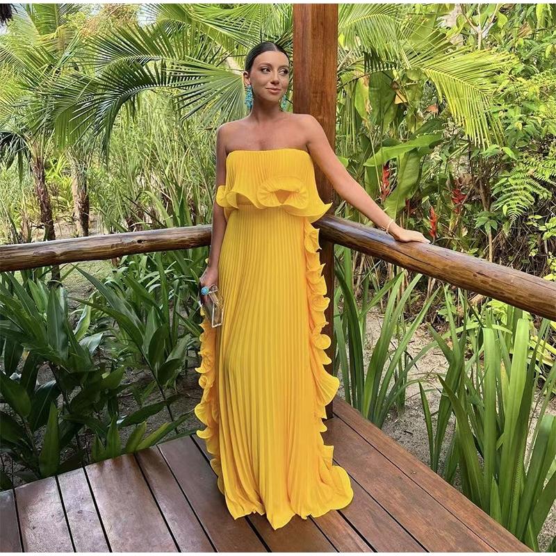 Seksowna Sukienka Długa Żółta Bez Ramiączek z Falbankami Kobiety Bez Rękawów Bez Pleców Długość do Podłogi Sukienki na Imprezę Sukienka Plażowa