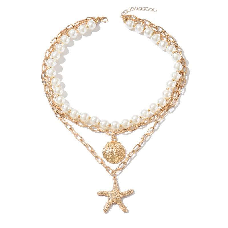 Imitation Pearl Starfish Pendant Vacation Wind Seaside Necklace Vintage Shell Nklce Jewelry