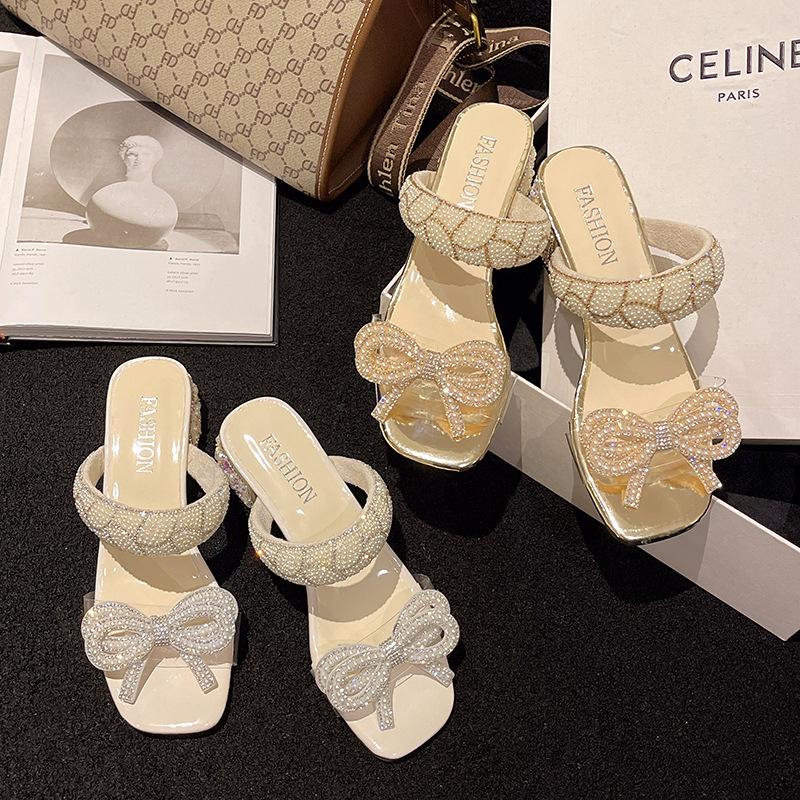 Size 35-42 Celebrity Temperament Cool Slippers Women's 2025 New Rhinestone Bow One-word Dress Wear High Heel Sandals