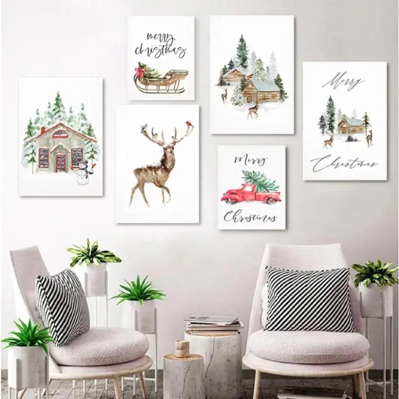 Simple Modern Nordic Ice and Snow World Watercolor Elk Christmas Art Decor Picture Material