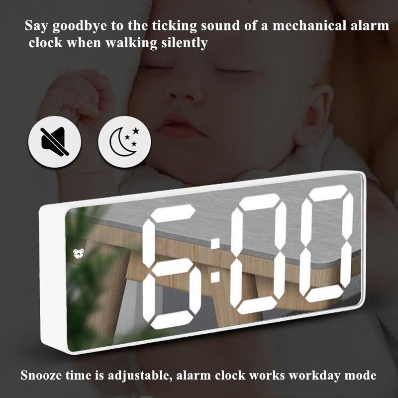 Mirror Alarm Clock LED Digital Clock Voice Control Snooze Time Temperature Display Night Mode