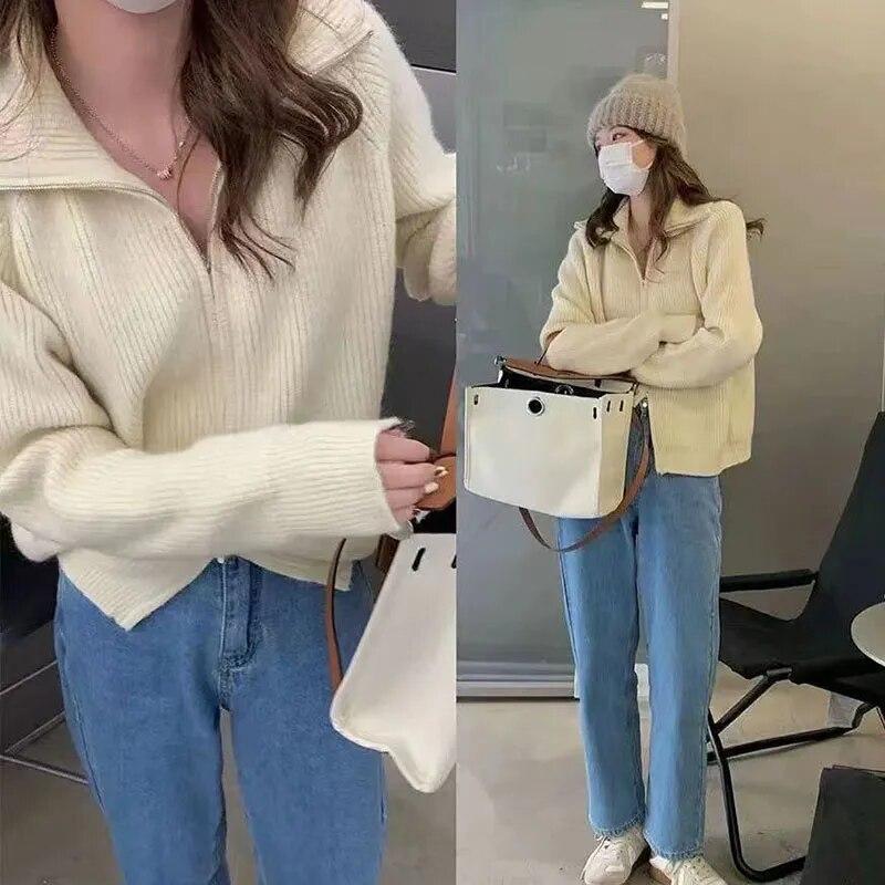 Dunkelgraue Strickjacke mit doppeltem Reißverschluss, kurzes Oberteil, Umlegekragen, Mantel für Damen, schlank, warm, lässig, solide, Pendeln, neue Mode, Frühling und Herbst
