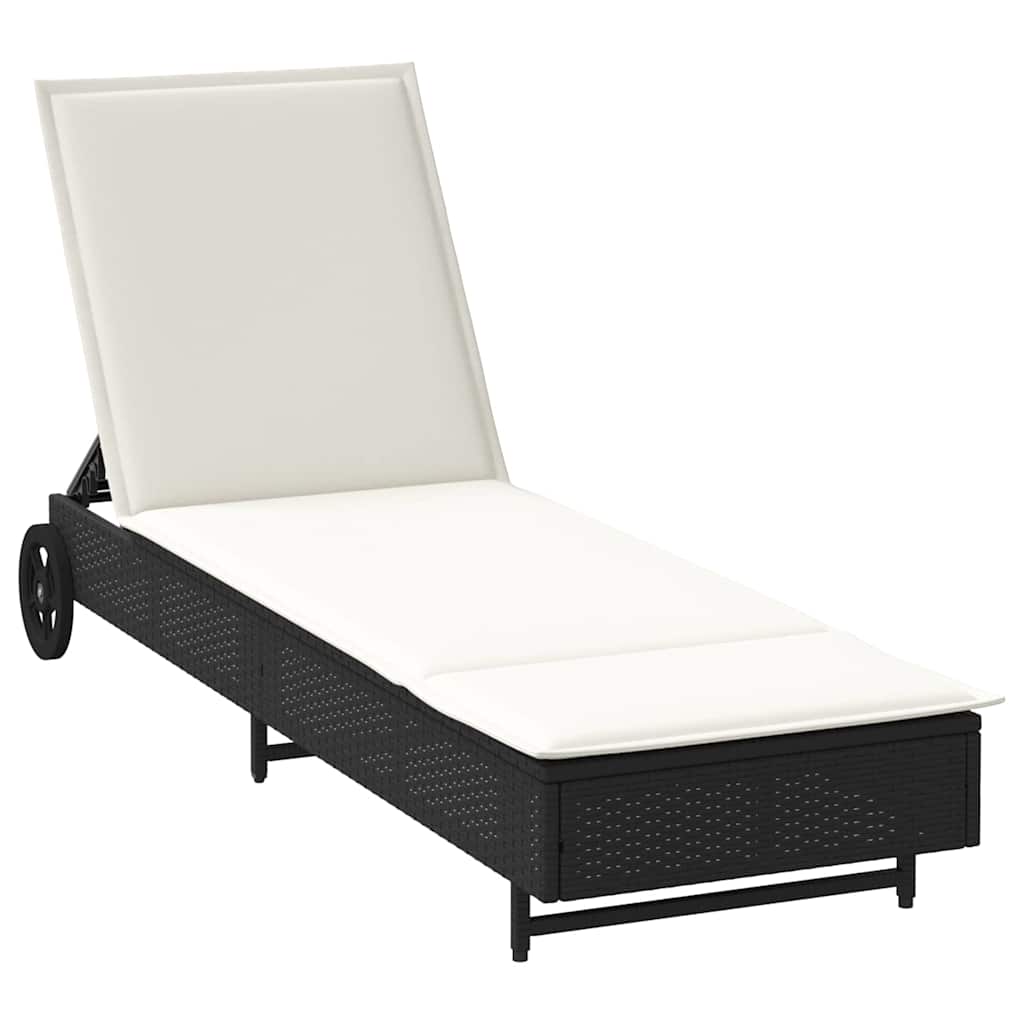 Sun Lounger with Wheels and Cushion Black Poly Rattan