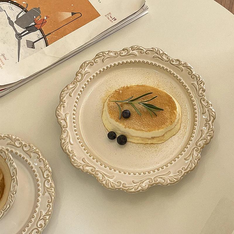 Vintage Relief Lace Ceramic Plates French Style Dessert Western Dishs Daily Household Cake Pasta Salad Plate