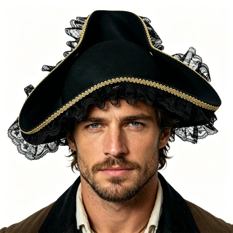 Stylish Black Pirate Hat With Lace And Feather Detail Halloween Cosplay Hat Perfect For Costume Parties