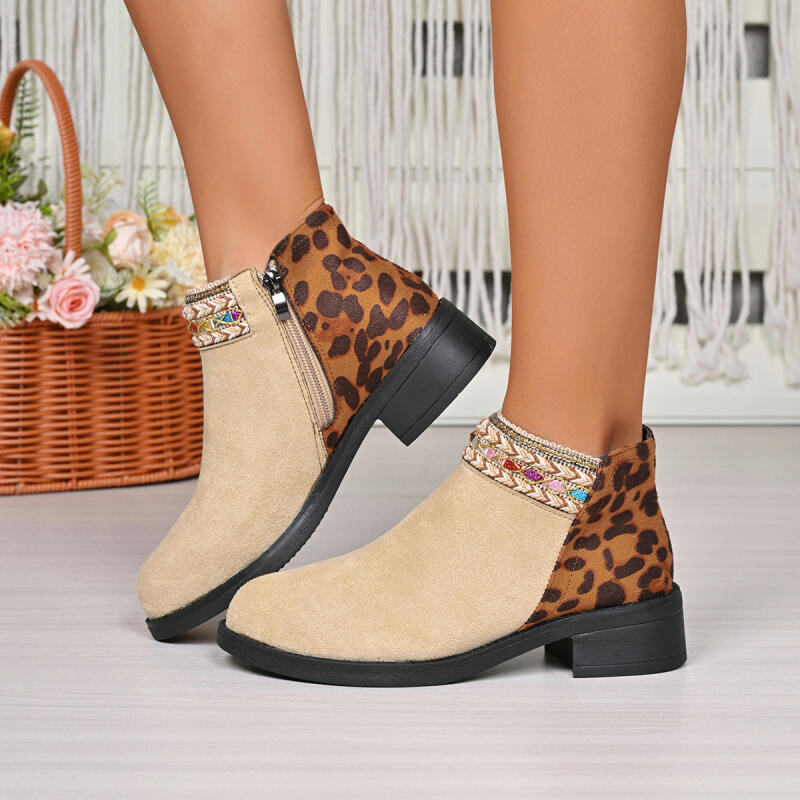 Sexy Pointed Toe Leopard Chelsea Boots Women 2025 Autumn Colorful Woven Strap Side Zip Suede Ankle Boots Fashion Western Booties