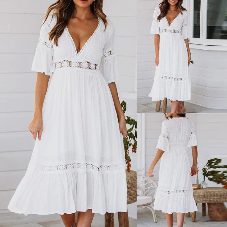 

Fashion Women Summer Loose Solid Dress with V Neck Lace Border Big Hem XL белый