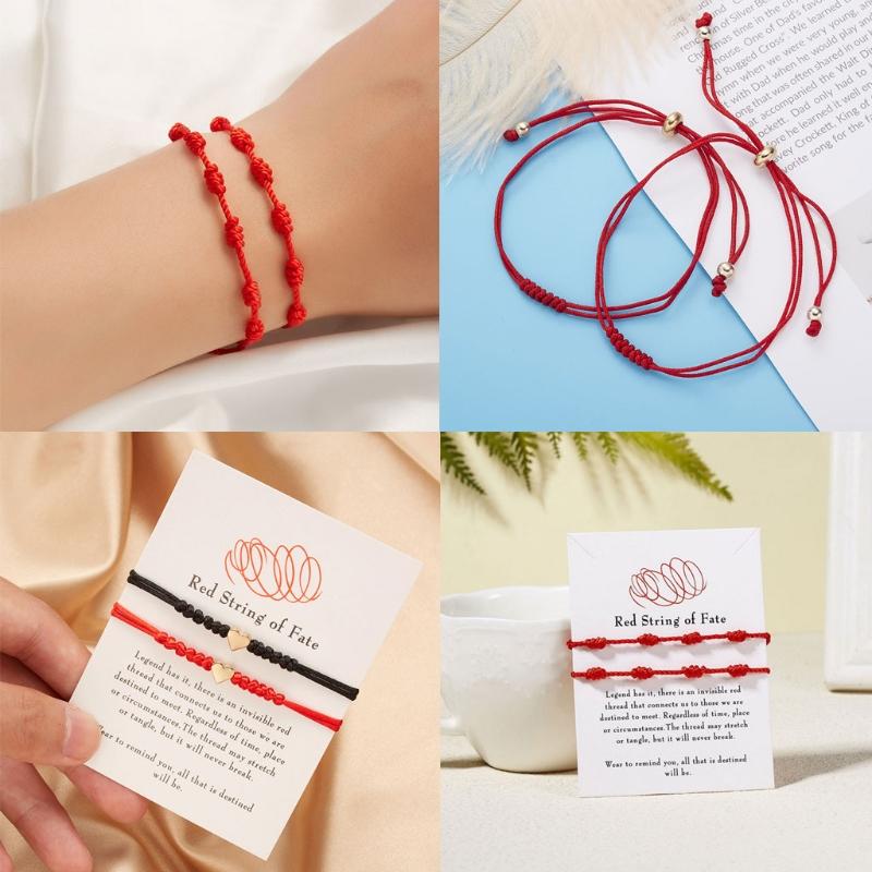 2 Pieces Summer String Bracelets Red Bracelet Red Cord Bracelet Adjustable Kabbalah Red Knots String Bracelet Amulet