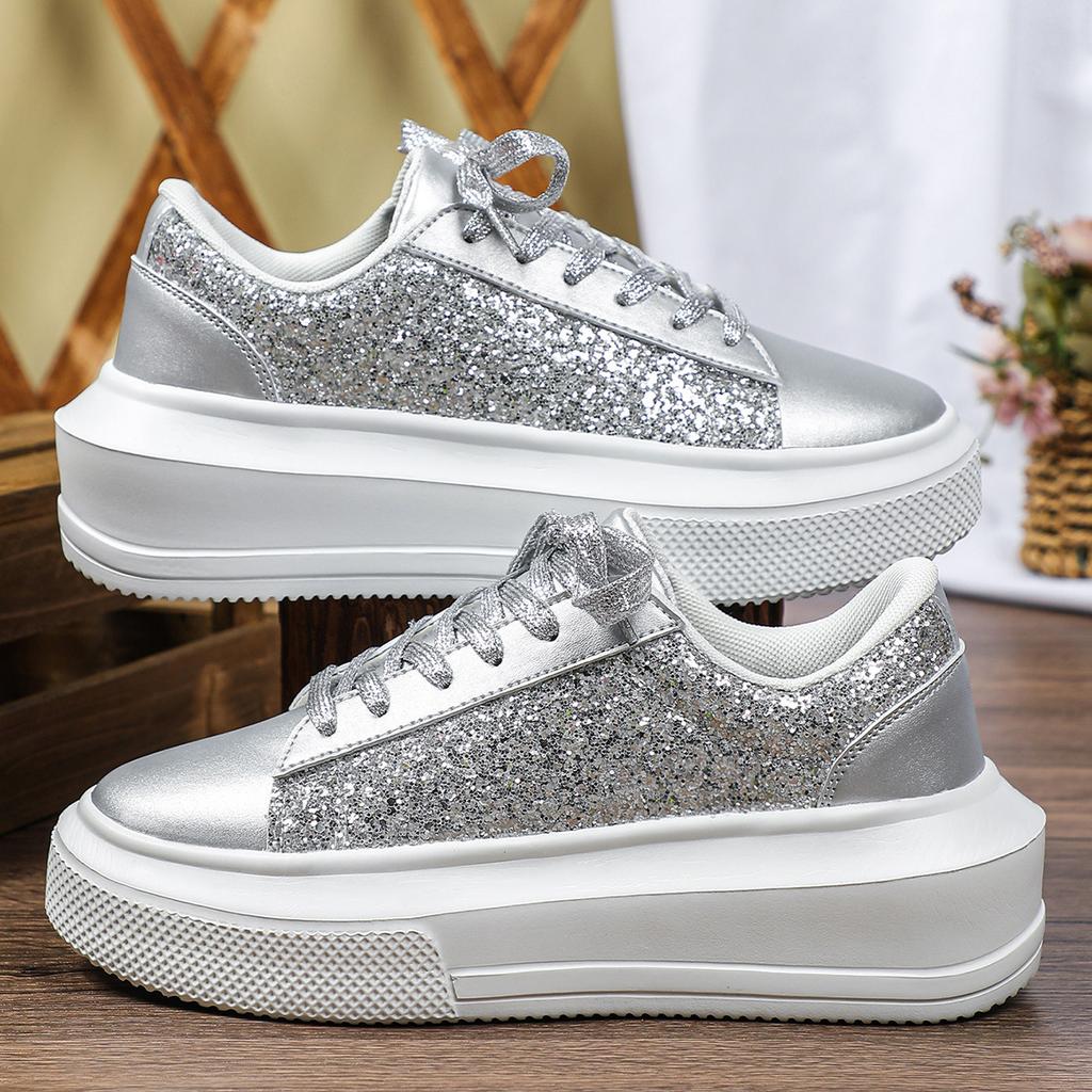 Damen Plateauschuhe Mode Pailletten klobige Schuhe PU-Leder Freizeit-Sneaker runde Zehenpartie Laufschuhe Tägliche vielseitige Schuhe