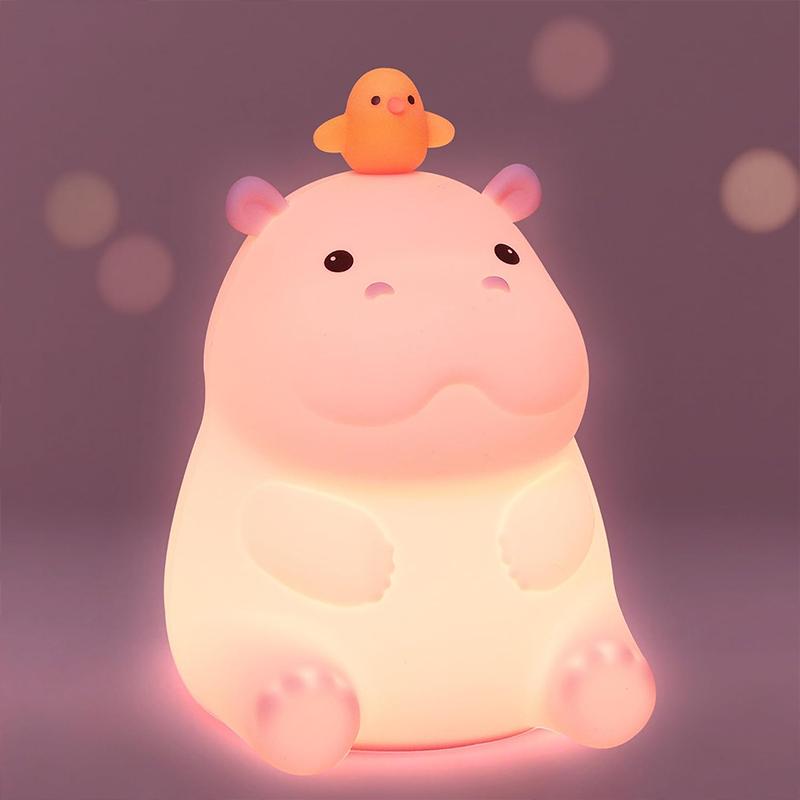 

Pink Hippo Night Light, Dimmable Silicone Animal Nursery Nightlight, Adorable Rechargeable Squishy Touch Lamp Hippopotamus Gift