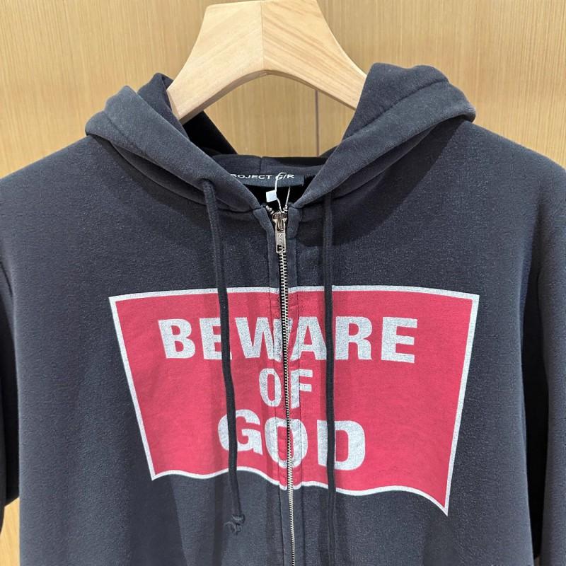 Mens Oversized Hooded Zip-Up Sweatshirt Streetwear BEWARE OF GOD Graphic Pullover Fall Casual Top