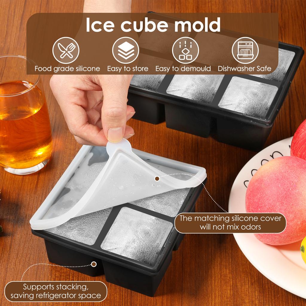 6 Pcs Silicone Ice Cube Tray 4/6 Grid Ice Cube Trays with Removable Lids Stackable Ice Cube Making Mold for Kitchen Accessories
