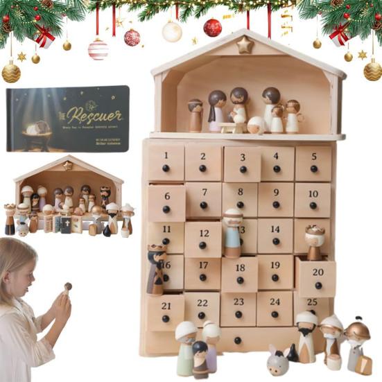 Das Retter Krippen Adventsset Krippen Adventskalender mit 25 Schubladen Weihnachts-Tischdekoration Religiöse Familientradition Andenken für Christen