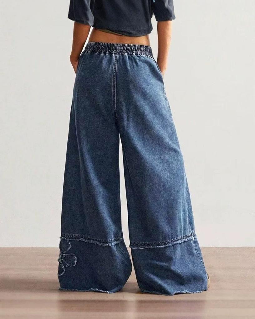 Jeans de Mujer Bordados de Cintura Alta Sueltos Casuales Cintura Elástica Pierna Ancha Largos de Denim Streetwear
