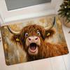 1pc Retro Oil Painting Style Surprised Highland Cow Flannel Mat Entrance Door Hallway Bathroom Non-Slip Water-Absorbing Foot Mat Kitchen Bedroom Bedsi